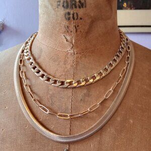 3 strand adjustable gold tone necklace snake chain,paper clip, and curb